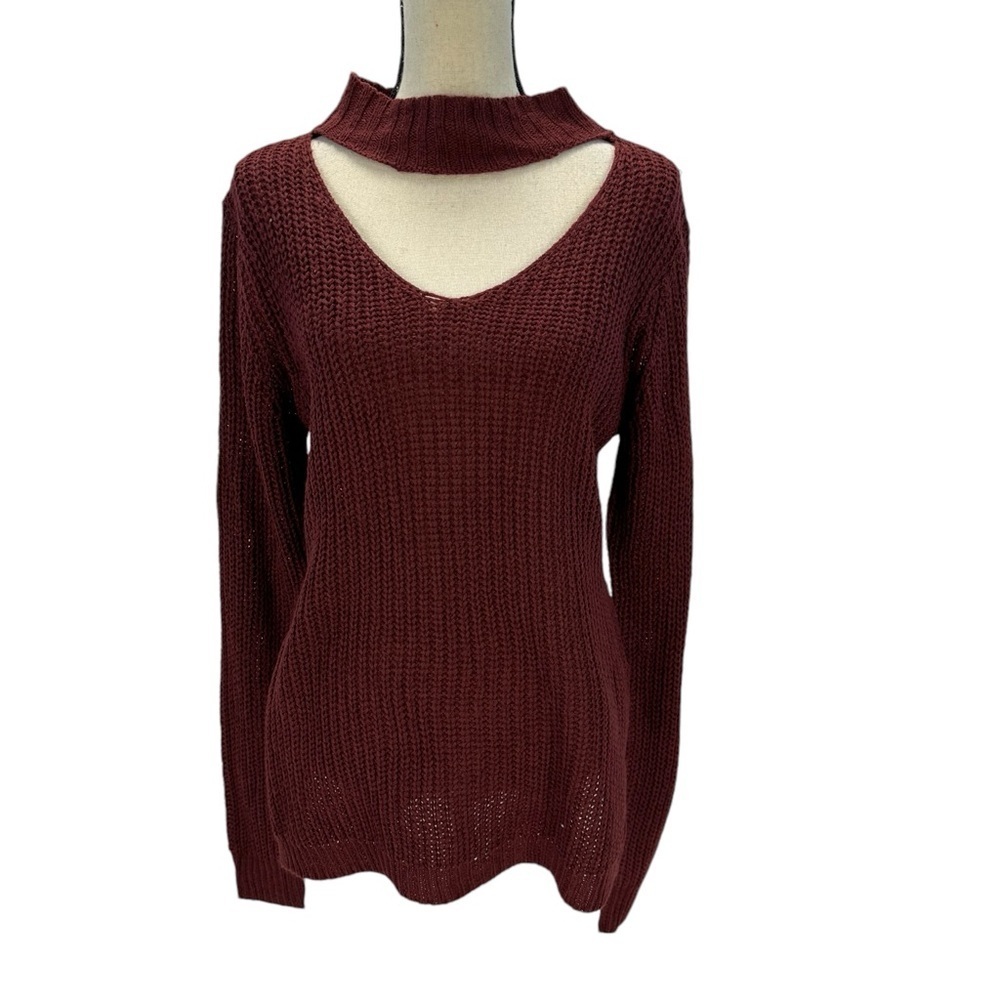 Planet Gold Long Sleeve Crew Keyhole Neck Sweater - Maroon Red - size Large